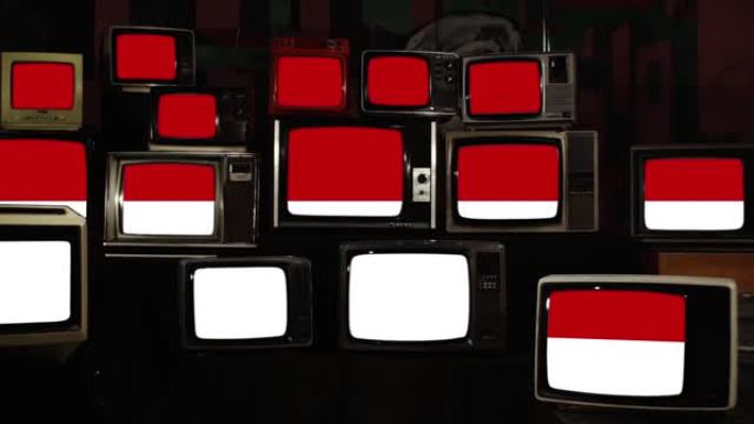 印度尼西亚国旗和复古电视。