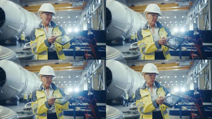 专业的重工业女工程师穿着安全制服，拿着数字平板电脑，看着相机解释产品设计。石油、天然气和燃料运输管道