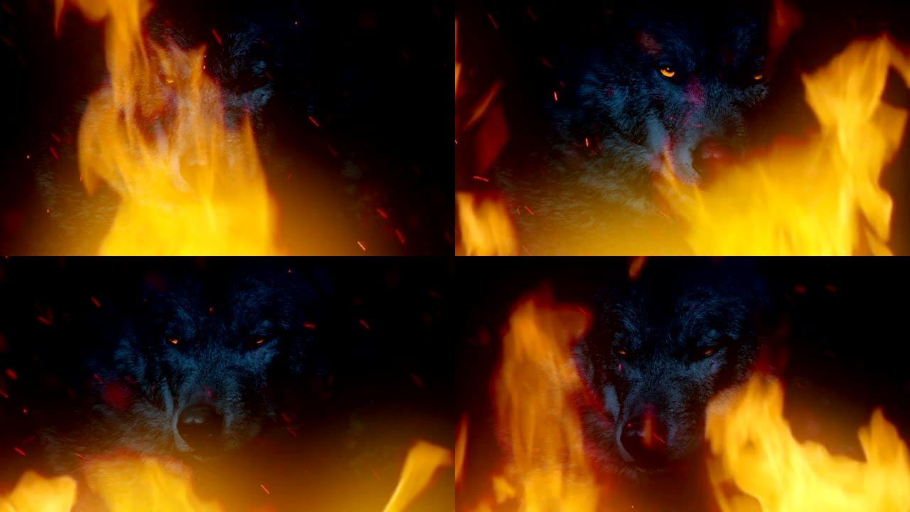 狼在火焰中咆哮着发光的眼睛抽象
