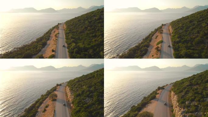 无人机: 在游览车后面飞行，沿着通往岛屿的空旷道路行驶。