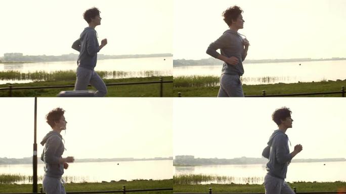 在湖边跑步的女人湖边跑步的女人
