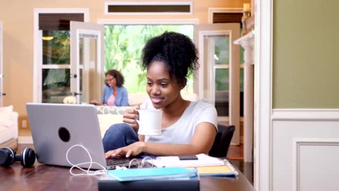 自信的女大学生在家使用笔记本电脑