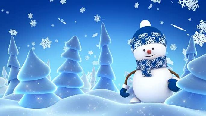 戴着蓝色帽子的快乐雪人用手问候，晚上在冬天的森林里微笑。美丽的3d卡通动画。动画贺卡。圣诞快乐新年快
