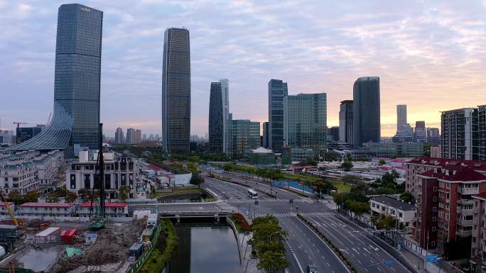 上海徐汇滨江西岸城市建筑群航拍日出