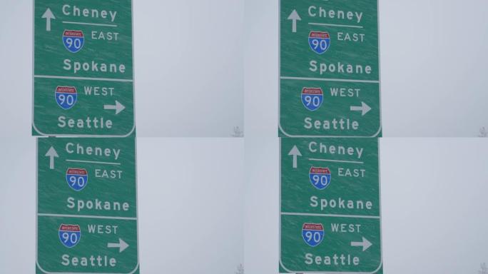 特写: 交通标志使暴风雪席卷了华盛顿州。