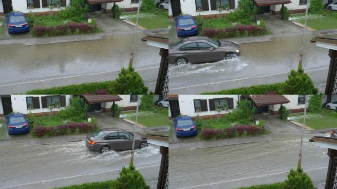 慢动作: 棕色的汽车溅起了淹没郊区社区的水