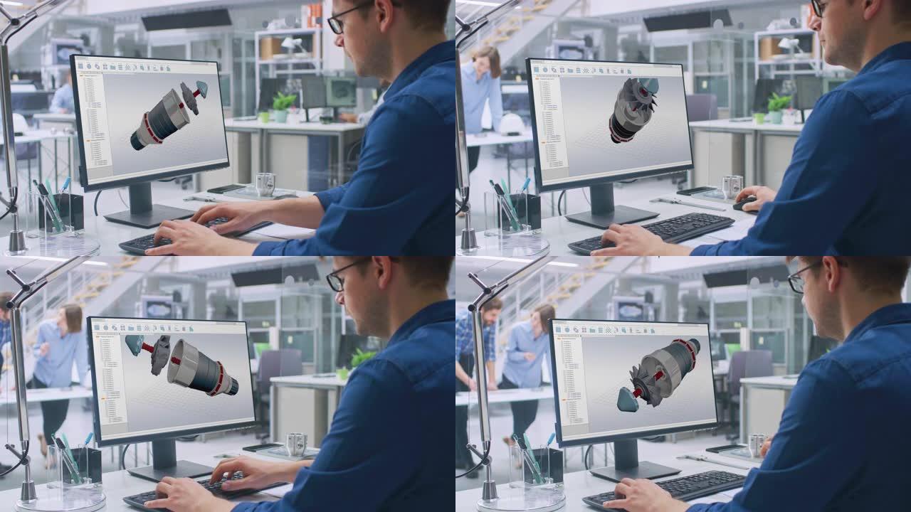 工程师在台式计算机上工作，屏幕显示带有3D引擎原型的cad软件。在带有蓝图和图纸的后台工程设施中。超