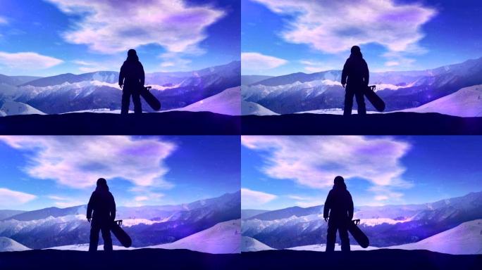 雪山背景上滑雪者的深色剪影。
