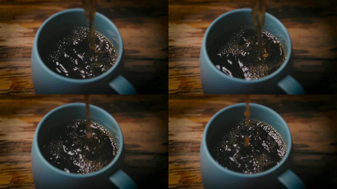 慢动作咖啡倒入杯中
