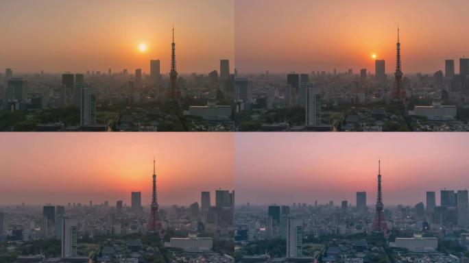 东京黄昏日落钢铁电视塔地标建筑金色夕阳落