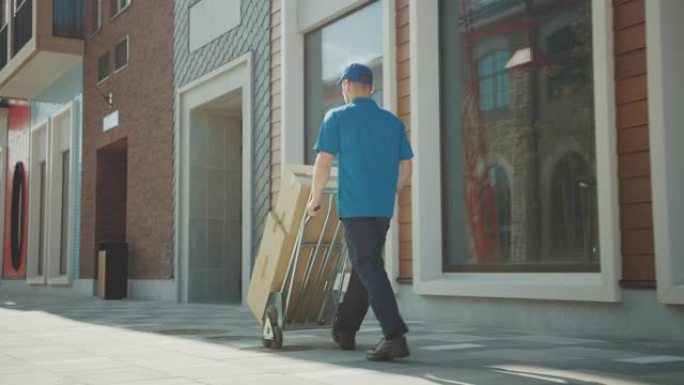 送货员推着装满纸箱的手推车，包裹送货。专业快递员高效、快速地工作。漫步在时尚的现代市区。跟随后视图