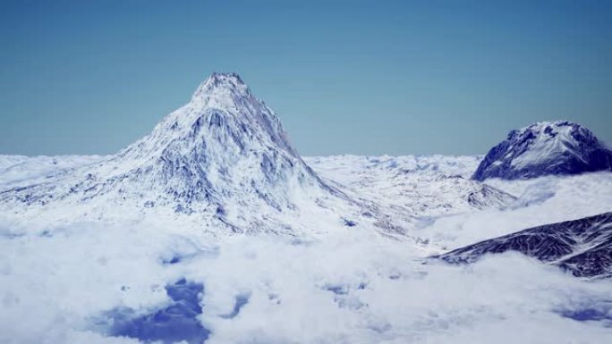 3D插图白雪皑皑的群山被云团包围