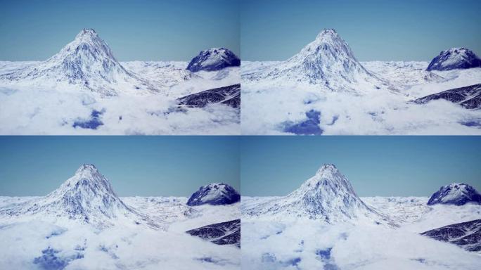 3D插图白雪皑皑的群山被云团包围