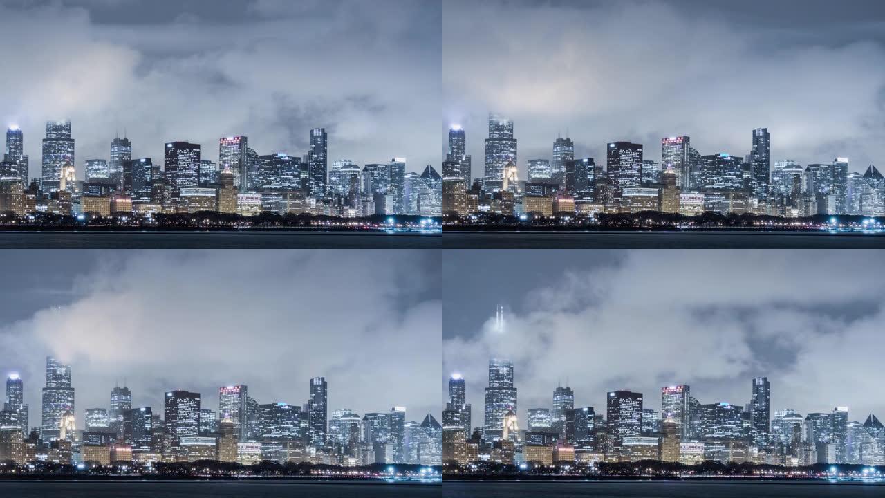 T/L芝加哥夜景与流动的云/芝加哥，伊利诺伊州