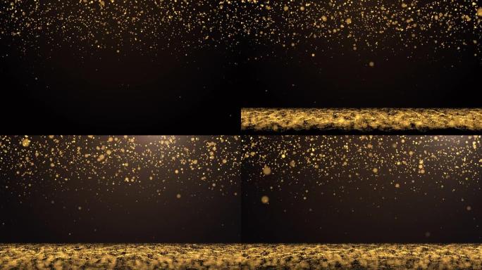 抽象的金粒子在黑暗的背景上发光
