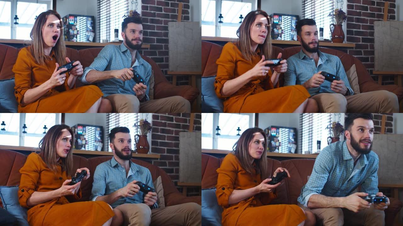 快乐的年轻白人男人和女人在家里慢动作的控制台上有很大的有趣的视频游戏。