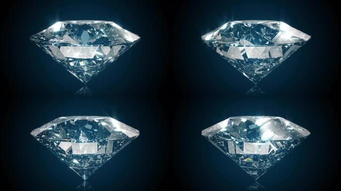 美丽的大水晶透明闪亮圆形切割钻石，在黑色镜子孤立的背景下旋转。特写侧视图。无缝循环4k cg 3D动