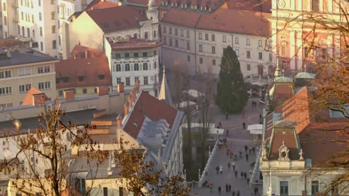 斯洛文尼亚卢布尔雅那，带着圣诞树走在城镇广场上的鸟瞰图