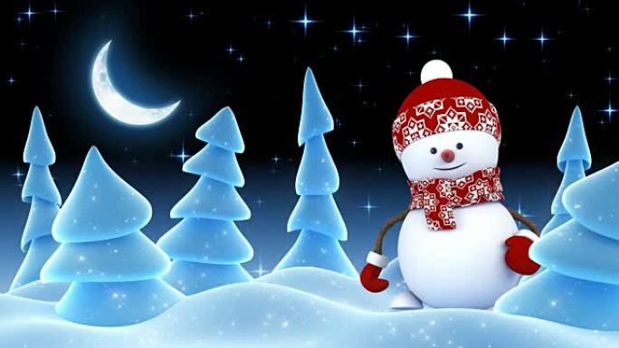 穿着红色帽子的有趣雪人用手问候，晚上在冬季森林微笑。美丽的3d卡通动画。动画贺卡。圣诞快乐新年快乐概