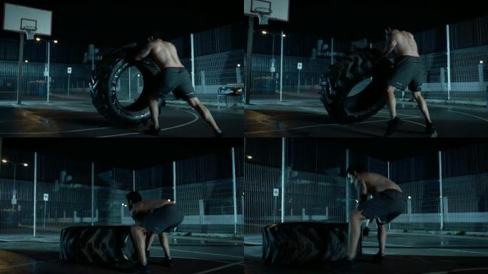 一个强壮的肌肉健康的年轻赤膊男子在一个有围栏的室外篮球场上做运动的背景。下雨后的一个晚上，他在居民区