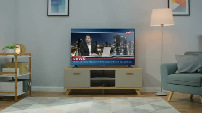 放大电视直播新闻频道的镜头。白天舒适的客厅，家里开着椅子和灯。