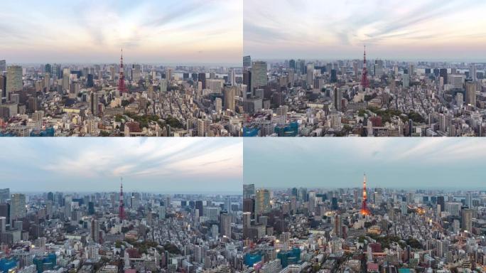4K UHD延时: 日本东京塔在东京市的城市景观。