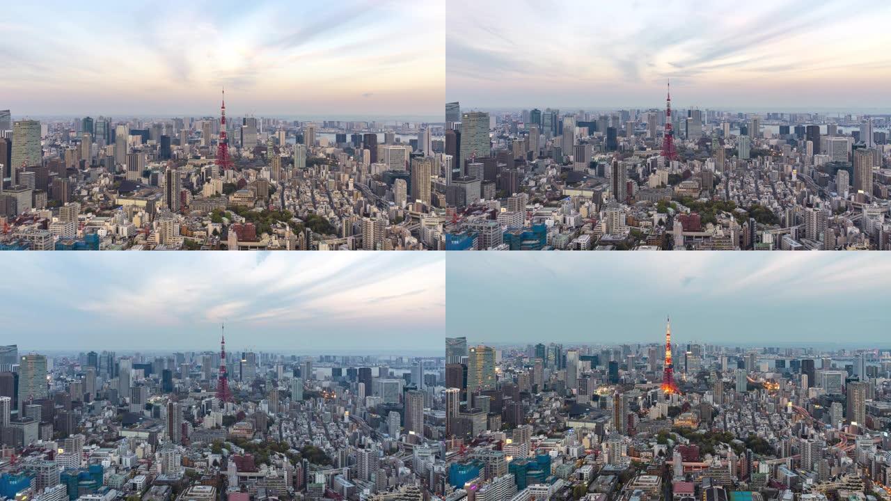 4K UHD延时: 日本东京塔在东京市的城市景观。