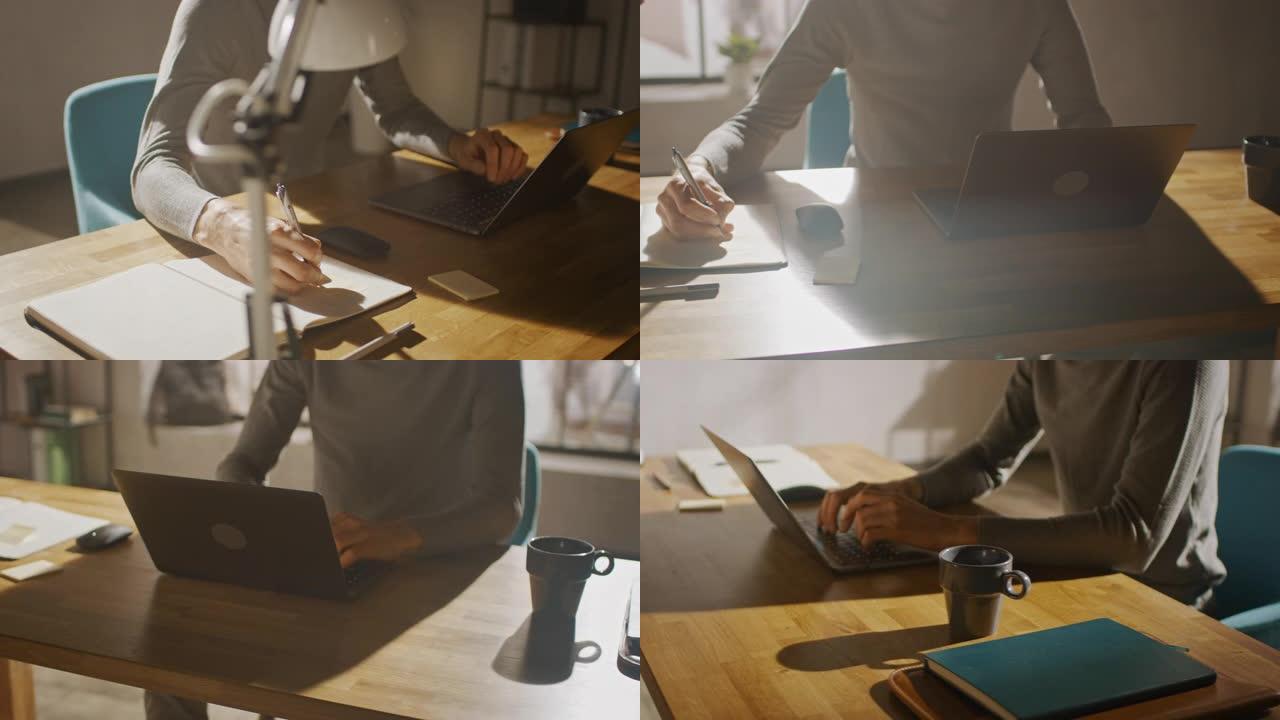 匿名的创意人士坐在家庭办公室工作室的办公桌前，在笔记本电脑上工作，写下笔记。低角度360度跟踪电弧射