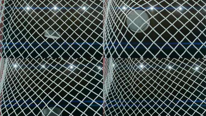 美丽的冰球在体育场聚光灯背景下以慢动作飞入大门网格。进球时刻的冰球3d动画。运动概念。