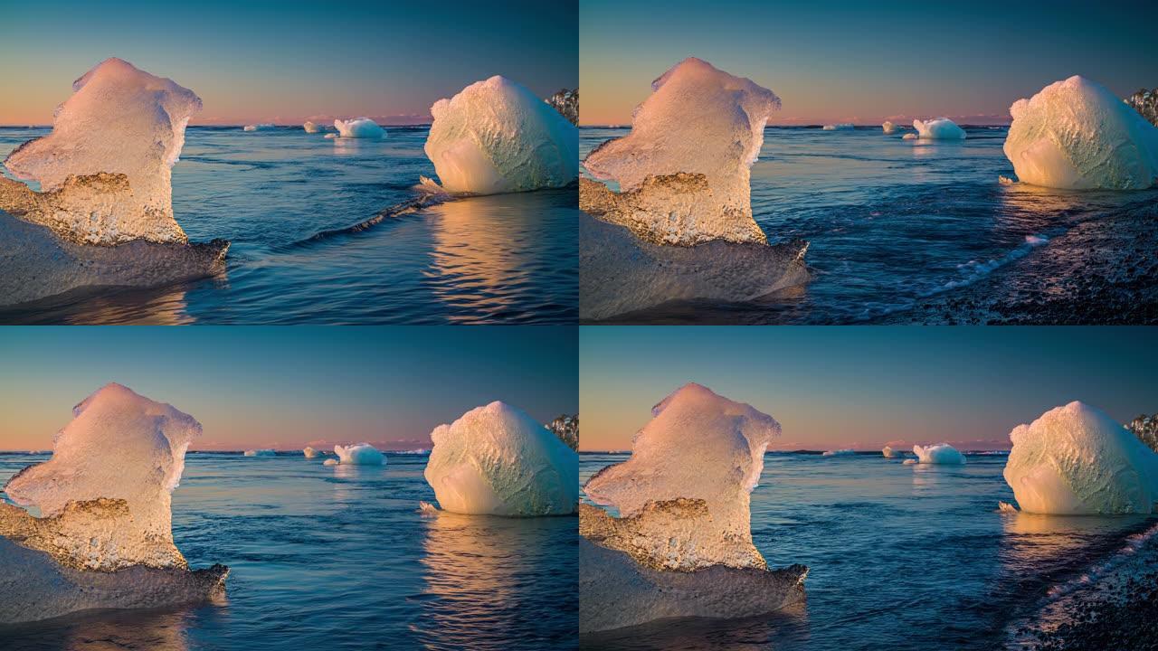 冰岛冰冷的海滩上漂浮的冰山