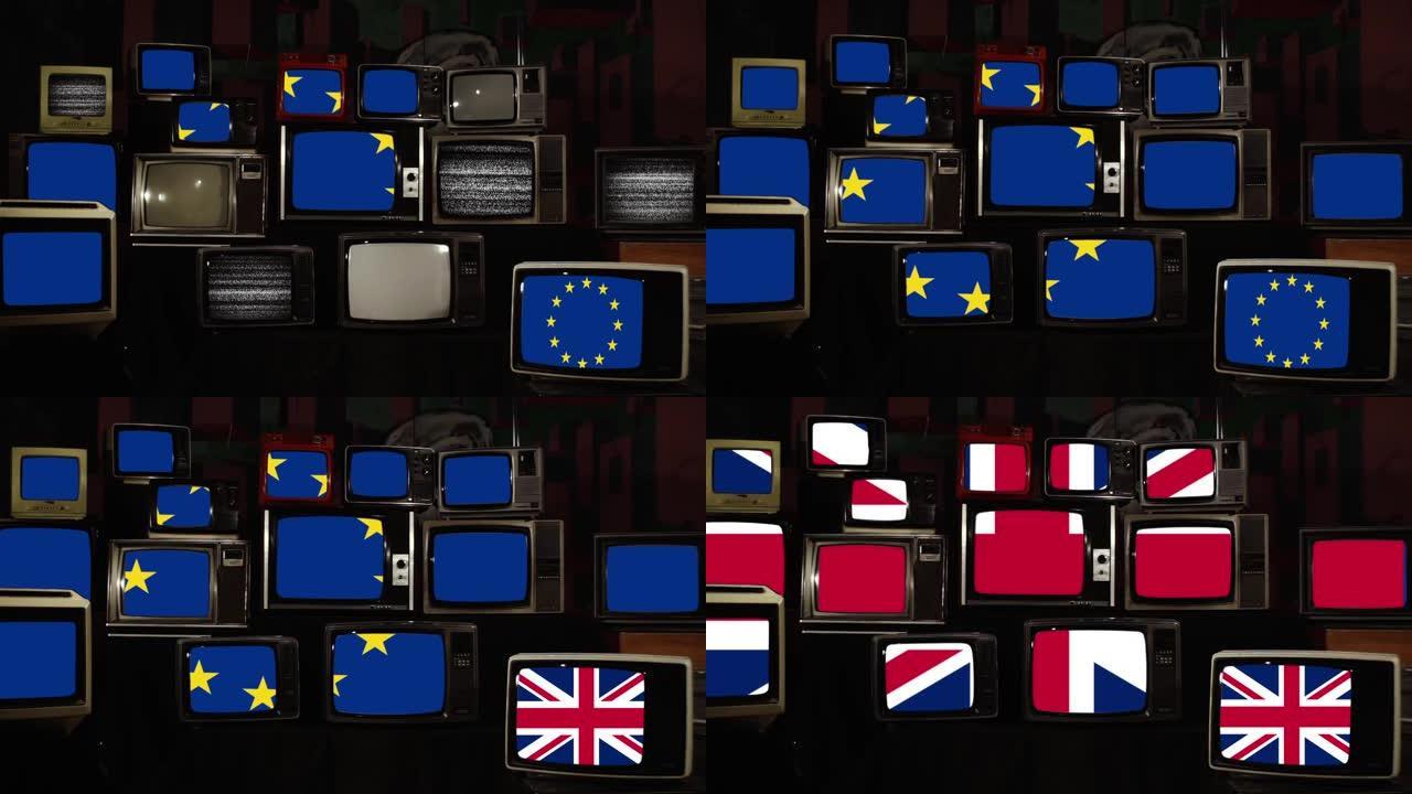 屏幕上有欧盟和英国国旗的复古电视堆栈。Brexit概念。