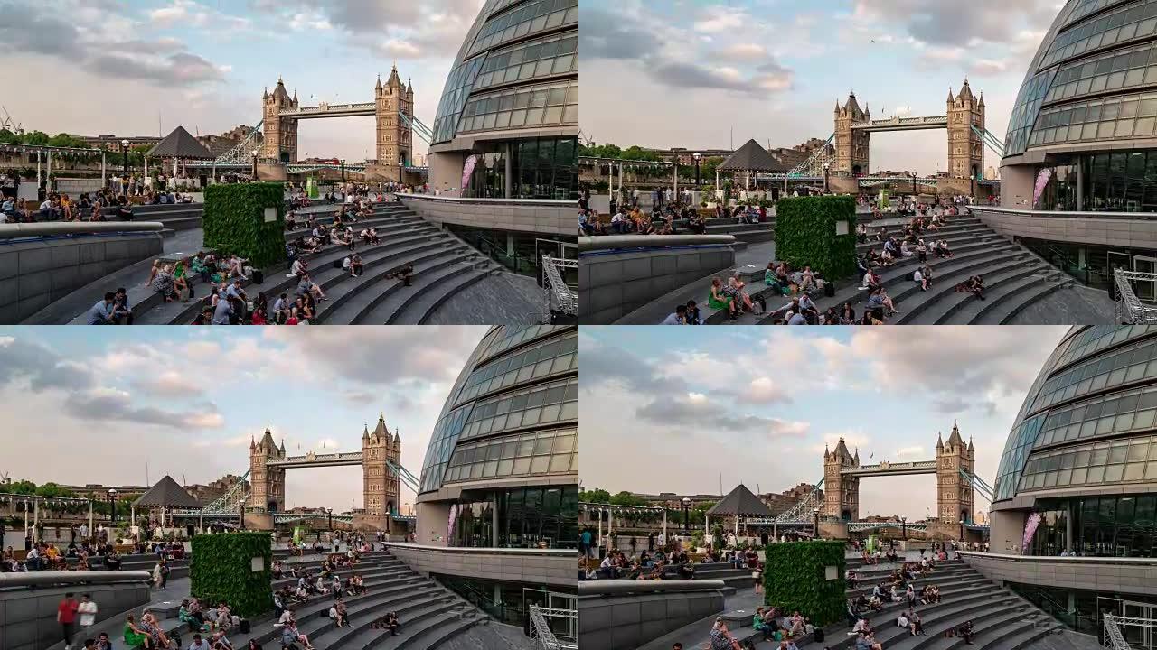 慢镜头:英国伦敦塔桥和市政厅的行人通勤人群