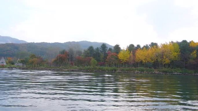 韩国秋天的南美岛无人空镜河流流域山川河流