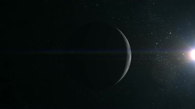 相机绕着月球飞行。接近月球。从太空看。星星闪烁。4K.太阳在右边