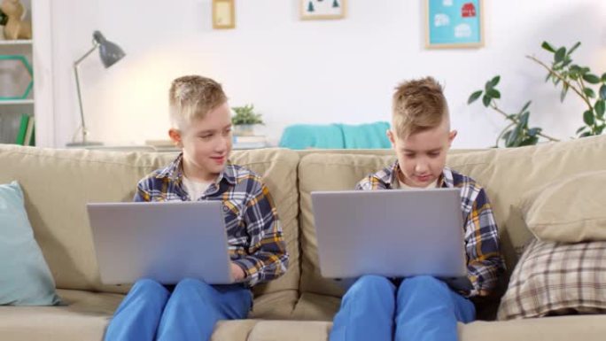一起在笔记本电脑上工作的高加索双胞胎男孩