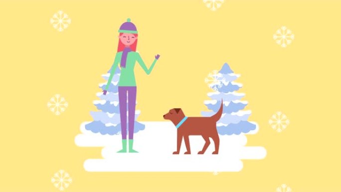 女人和狗的冬季雪景场景