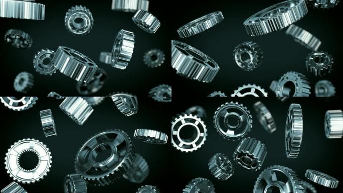 钢制齿轮在dop模糊的黑色背景上无缝落下。循环3d动画。抽象的工作过程。团队合作商业和技术理念。