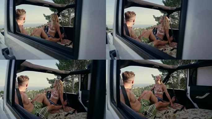 敞篷SUV中的浪漫约会。观点