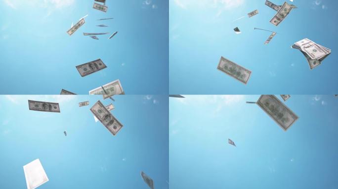 慢动作关闭百美元钞票从蓝色晴朗的天空中掉下来