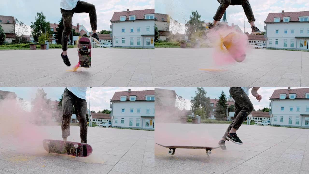 MS超级慢动作年轻人在城镇广场用粉末翻转滑板