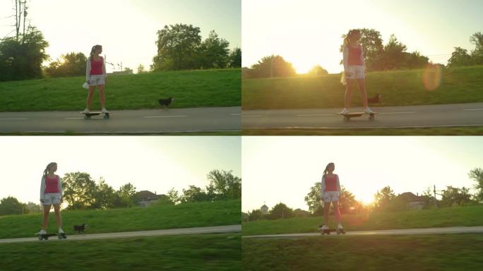 太阳耀斑: 运动女孩在小狗奔跑时在长板上飞驰。