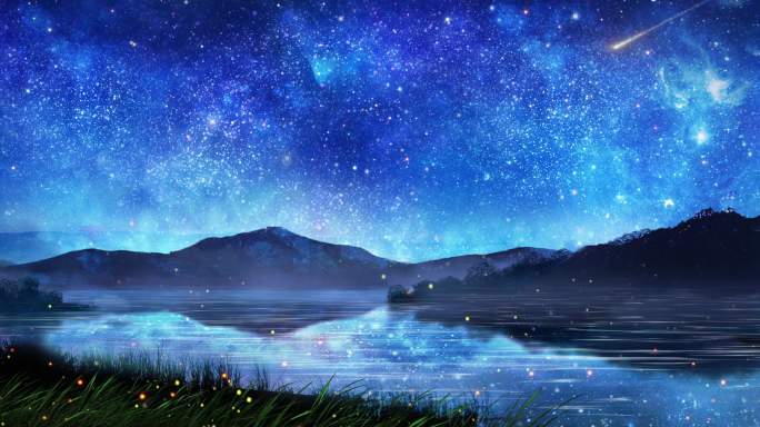 唯美湖边夜景剪影星空流星水面