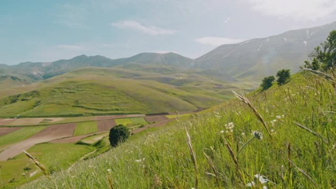 WS阳光明媚的风景，田园般的绿色山丘和山脉，城堡，翁布里亚，意大利