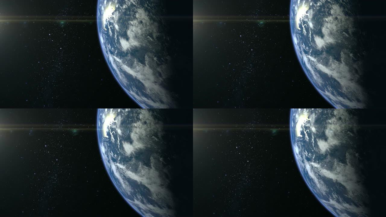 来自太空的地球。星星闪烁。飞越地球。4K。地球缓慢旋转。现实的氛围。3D体积云。地球就在屏幕上。框架