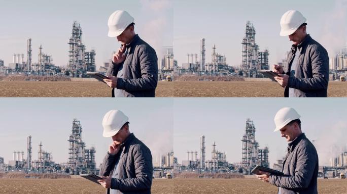 在sunny炼油厂使用数字平板电脑在hardhat的MS男工程师