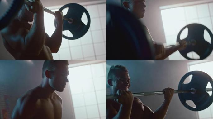 英俊的肌肉男人用杠铃卷发的肖像。运动赤膊男子训练，用杠铃做力量、耐力练习。在铁杆健身房锻炼