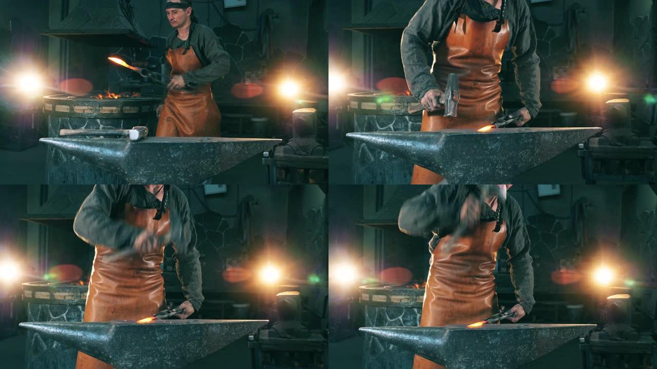 铁匠在铁砧上锤击一把热刀。