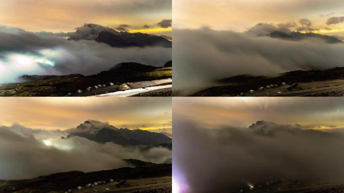 WS延时云在意大利多洛米蒂的Tre Cime di Lavaredo的山区和城镇上空移动