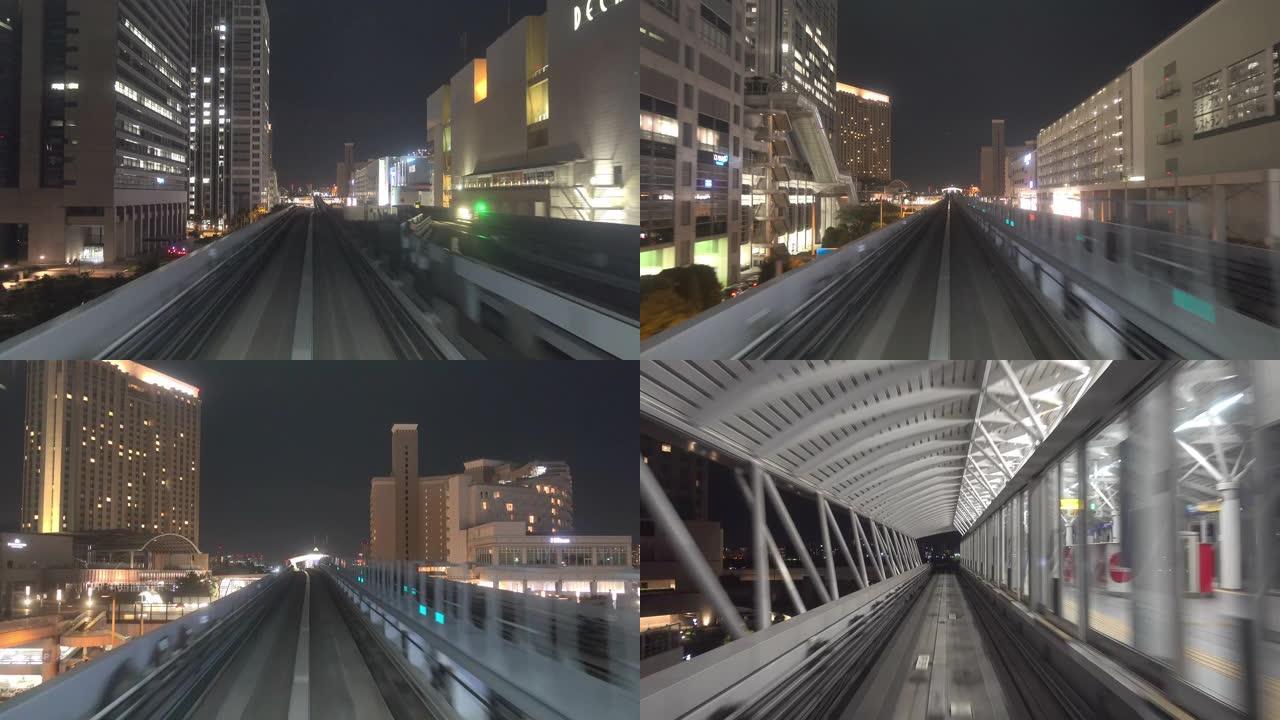 延时: 夜间在日本东京乘坐单轨列车