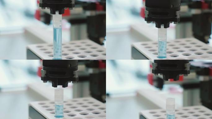 在未来主义的实验室中，一位科学家用移液器分析有色液体以提取试管中的DNA和分子